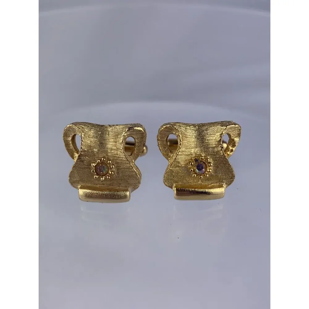 Aurora Borealis Rhinestone Gold Tone Cufflinks Modernist Lyre Unique Vintage